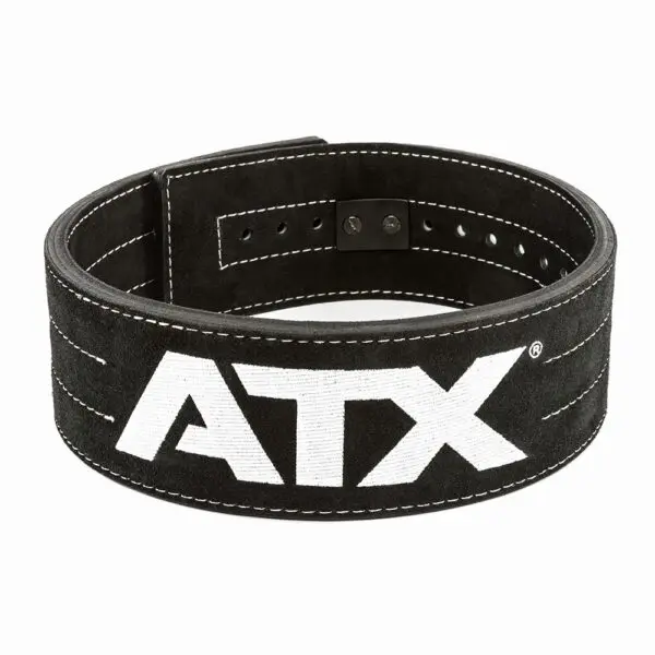 The ATX® Lever Suede Power Belt is a black weightlifting belt featuring white stitching and large, bold "ATX" embroidery on the front. It includes a buckle with multiple adjustment holes for size customization.