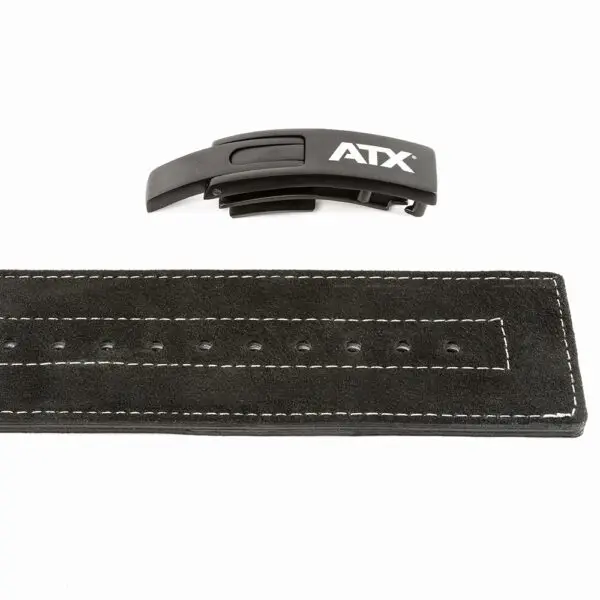 The ATX® Lever Suede Power Belt, a black suede weightlifting belt with white stitching and a black quick-release lever buckle marked with the ATX logo, is displayed flat against a plain white background.