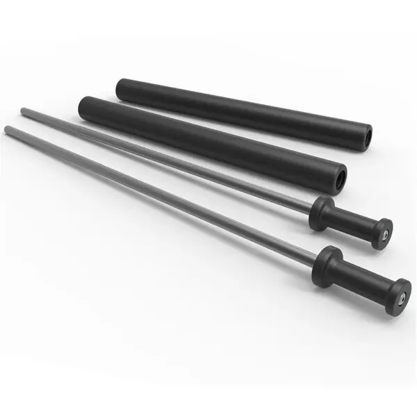 The ATX® Spotters Sabre 70cm set includes two long, slender metal batons with rubber handles, accompanied by two black cylindrical storage cases, ideal for martial arts or self-defense training and shown on a white background.