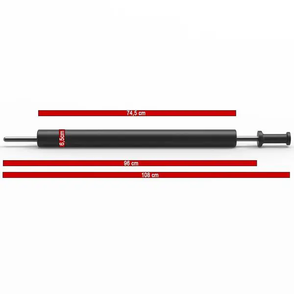 A black, cylindrical metal rod with a retractable mechanism, shown with three measurements: 74.5 cm for the inner rod, 98 cm for the full length excluding the handle, and 108 cm for the overall length including the handle.