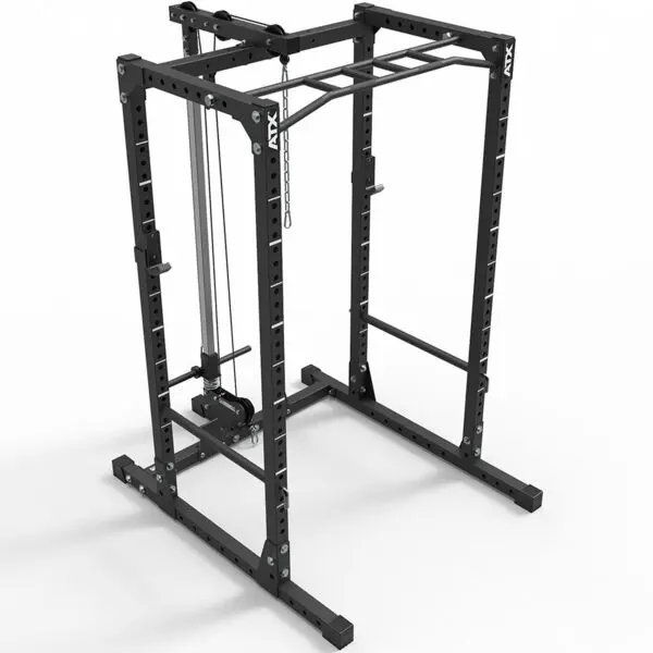 The ATX® Power Rack 610 System 198cm for Low Ceilings is a black metal rack featuring adjustable barbell supports, a pull-up bar, and a cable pulley system. Its sturdy rectangular frame is set against a plain white background.