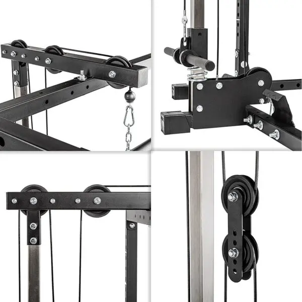 Close-up multi-angle view of the ATX® Power Rack 610 System 198cm for Low Ceilings, highlighting metal components, pulleys, and cables to demonstrate its structure and functionality.