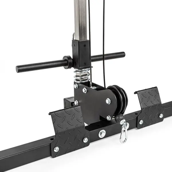 Close-up of a black cable pulley system with metal bars and a spring mechanism, featuring textured footplates for stability. This horizontal setup is likely part of the ATX® Power Rack 610 System 198cm, designed for low ceilings in fitness environments.