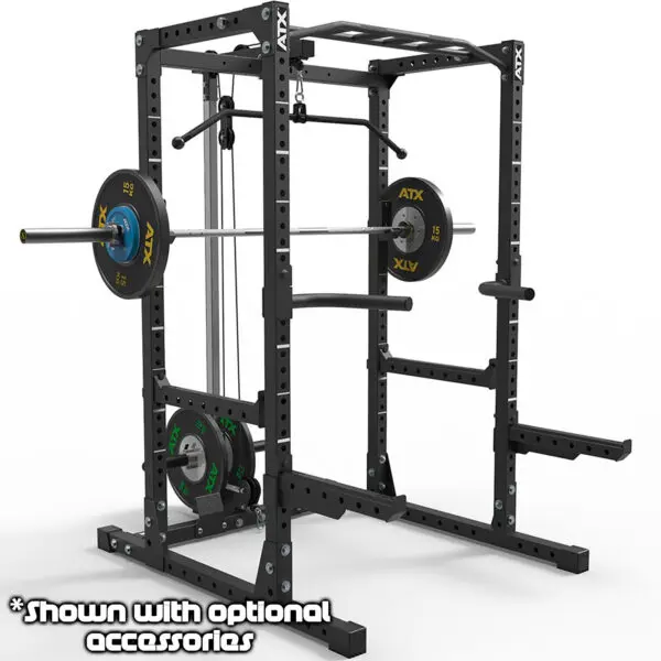 The ATX® Power Rack 610 System 198cm for Low Ceilings is a black power rack with a barbell and weights, featuring adjustable pegs on two vertical posts. The base stores extra plates, and a pull-up bar is attached to the top.