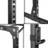 Collage of a black metal gym rack displaying its bolts, brackets, and components. The ATX® Power Rack 610, designed for low ceilings at 195 cm, features adjustable holes and secure connections with ATX branding.
