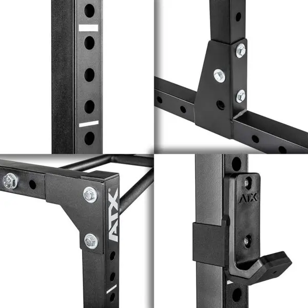 Collage of a black metal gym rack displaying its bolts, brackets, and components. The ATX® Power Rack 610, designed for low ceilings at 195 cm, features adjustable holes and secure connections with ATX branding.