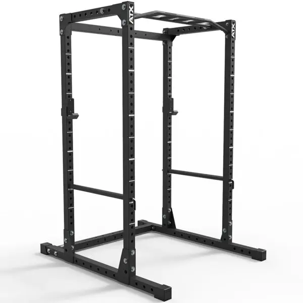 The ATX® Power Rack 610 195cm for low ceilings, made of black metal, is perfect for weightlifting and strength training. It features multiple holes for adjustable attachments, a sturdy frame, and a pull-up bar at the top.