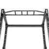 The image features a detailed view of the ATX® Power Rack 610 195cm for Low Ceilings, showcasing a black metal pull-up bar with multiple grip variations and perforated vertical supports.