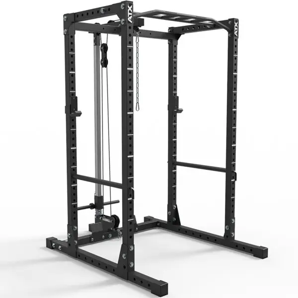 The ATX® Power Rack 610 System 198cm for Low Ceilings is a black, heavy-duty rack with adjustable safety bars, built-in pulley system, multiple holes for customization, and two base supports for stability, perfect for strength training and weightlifting.