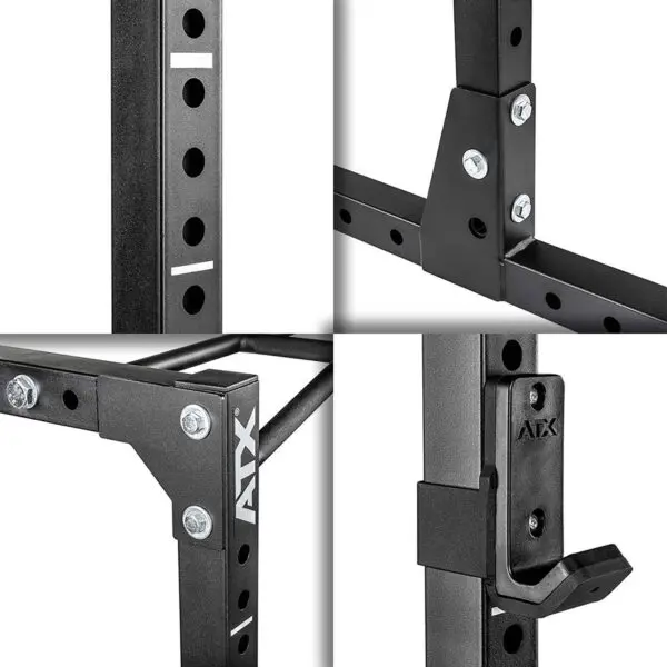 The ATX® Power Rack 610 System 198cm for Low Ceilings is showcased in a close-up with highlighted angles that reveal its sturdy black metal construction, bolt attachments, and branding. It features a series of adjustable holes for versatile strength training use.