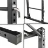 Collage of the ATX® Power Rack 610, specifically designed for low ceilings, showcasing adjustable hooks, a J-cup, safety bar, and ATX logo. The rack offers steel construction with customizable holes to fit perfectly in spaces with limited height.