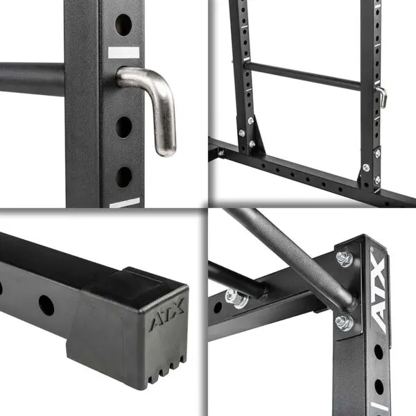 Collage of the ATX® Power Rack 610, specifically designed for low ceilings, showcasing adjustable hooks, a J-cup, safety bar, and ATX logo. The rack offers steel construction with customizable holes to fit perfectly in spaces with limited height.