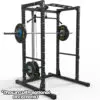 A black ATX® Power Rack 610 System for low ceilings, equipped with a pull-up bar and various attachments, is shown with a barbell and weight plates. Text at the bottom reads, Shown with optional accessories.
