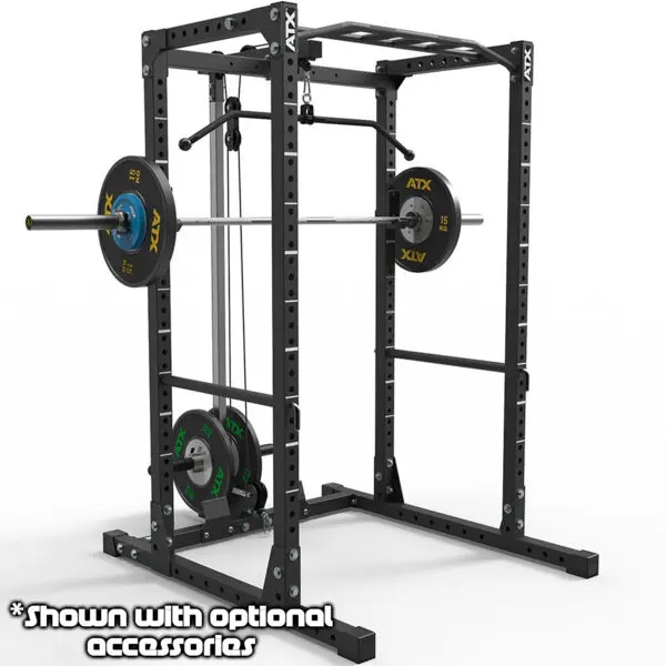A black ATX® Power Rack 610 System for low ceilings, equipped with a pull-up bar and various attachments, is shown with a barbell and weight plates. Text at the bottom reads, Shown with optional accessories.