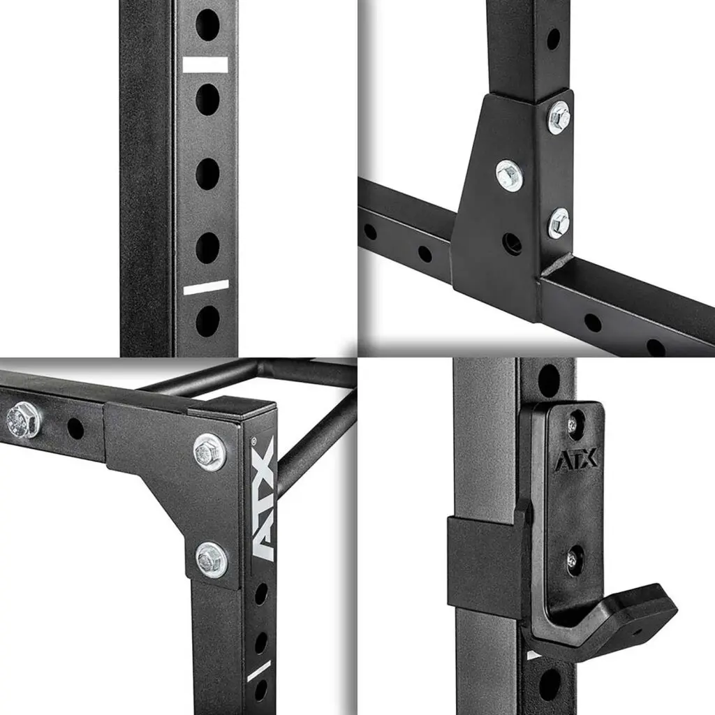 Close-up of the ATX® Power Rack 620 215cm System Plate Loaded in black, showcasing its durable construction with bolt fastenings and adjustable holes for barbell placement. Its sleek metal frame is ideal for strength training equipment.