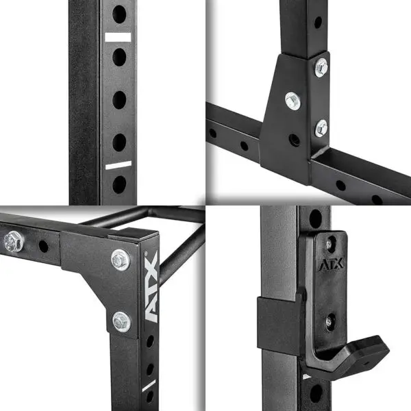 Close-up of the ATX® Power Rack 620 215cm System Plate Loaded in black, showcasing its durable construction with bolt fastenings and adjustable holes for barbell placement. Its sleek metal frame is ideal for strength training equipment.