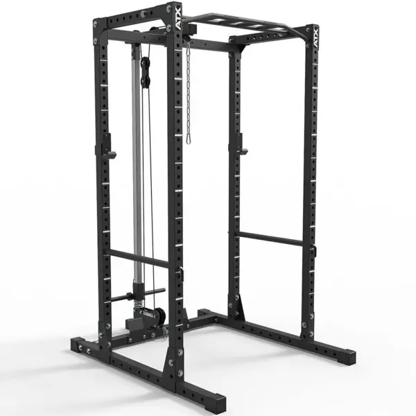 The ATX® Power Rack 620 215cm System Plate Loaded is a black power rack with pull-up bars and a cable system. It features adjustable holes for safety bars and a sturdy metal frame, ideal for weightlifting and strength training exercises.