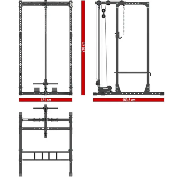 Illustration of the ATX® Power Rack 620 215cm System Plate Loaded, showing labeled dimensions: height 218 cm, width 121 cm, depth 163.5 cm. The image displays front, side, and top views with a pull-up bar and various attachments.