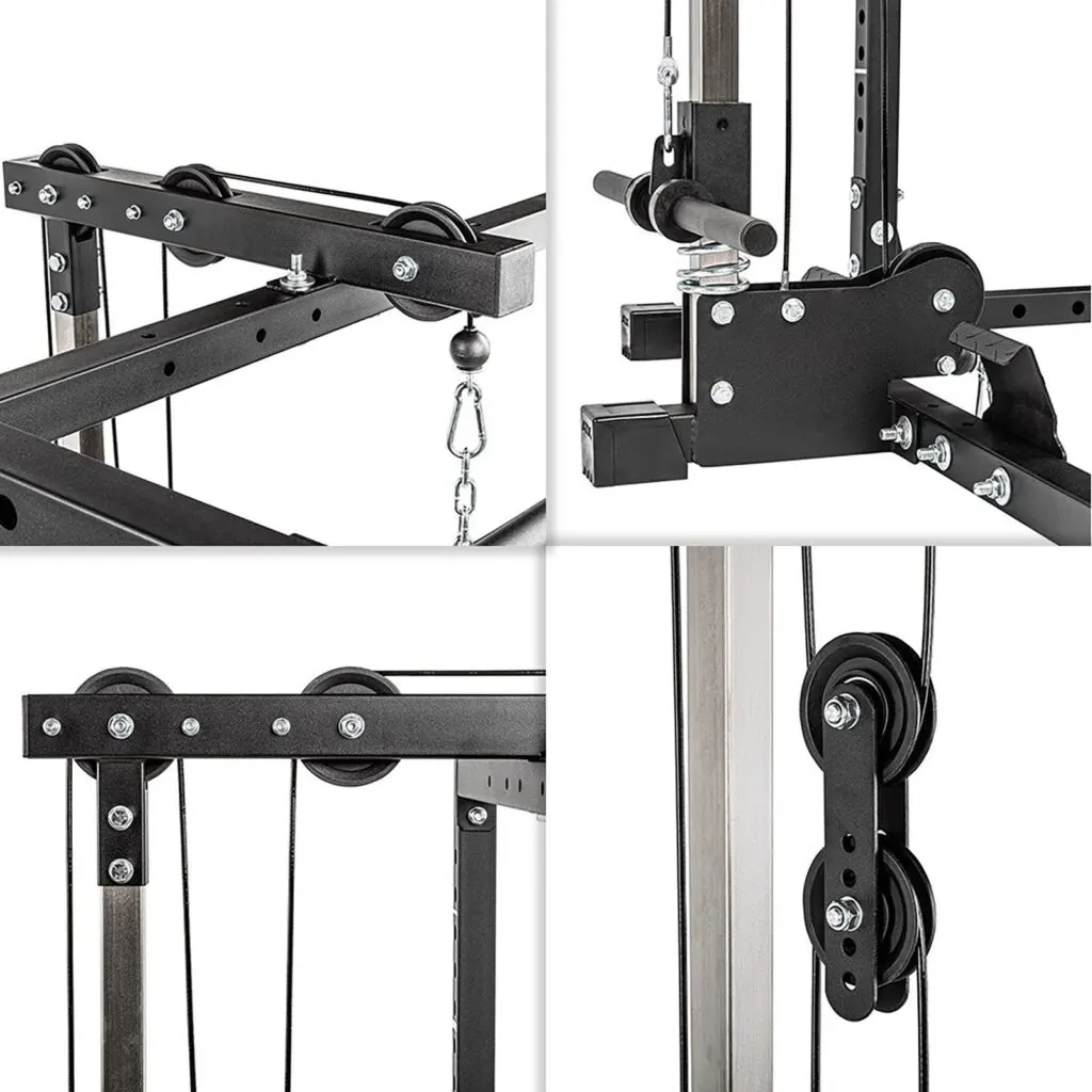 Close-up image of the ATX® Power Rack 620 215cm System Plate Loaded components—pulleys, bolts, and metal frame parts—highlighting detailed construction and assembly. The image is divided into four sections, each focusing on a distinct part.
