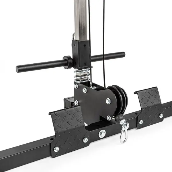 Close-up of the ATX® Power Rack 620 215cm System Plate Loaded, featuring a black cable pulley system with T-handle grips and two foot platforms for resistance training. The setup includes metal components and a cable pulley, ideal for home gym workouts.