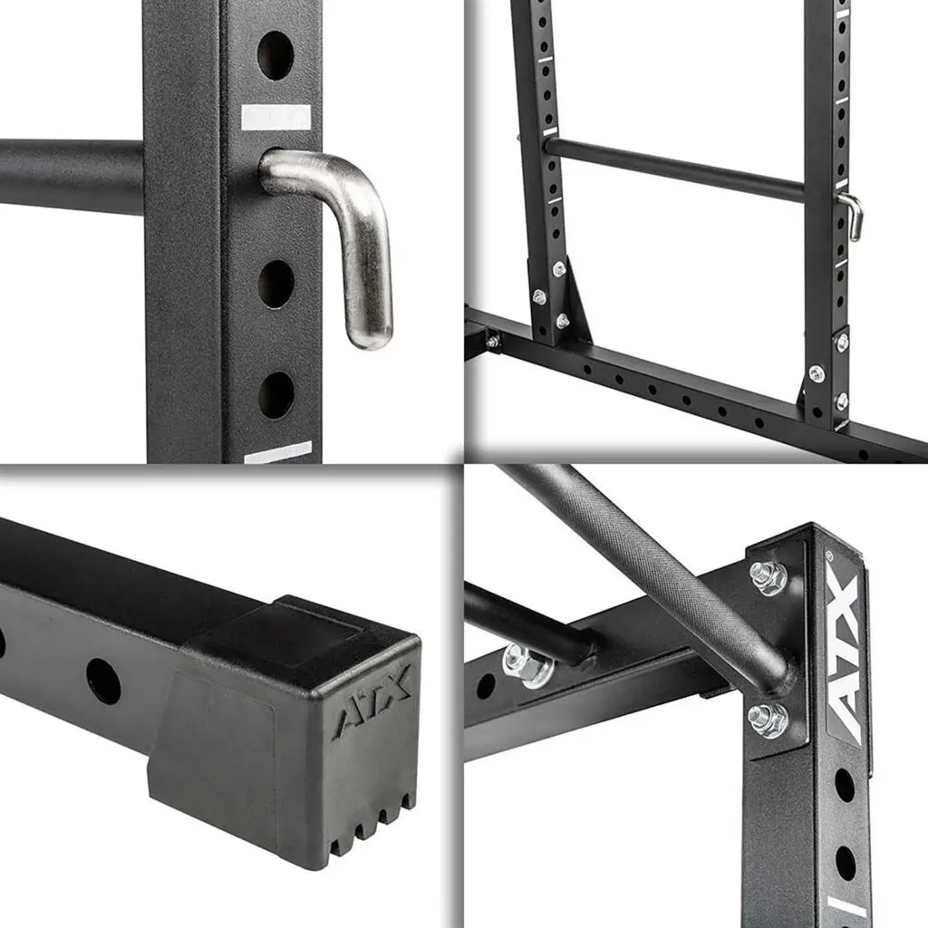 A collage of close-up images highlights the details of the ATX® Power Rack 620 215cm System Plate Loaded, featuring a safety pin, rubber foot, horizontal bars, and corner joint with the ATX logo.
