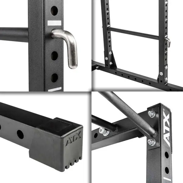 Collage of close-up images featuring the ATX® Power Rack 620 215cm: metal peg in a hole, rack with multiple holes, rubber foot labeled ATX, and a reinforced corner with bolts.