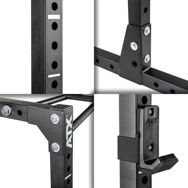A collage of four close-up images features details of the black ATX® Power Rack 620 215cm, showcasing screw connections, a metal bracket, perforated holes with white markings, and branding on the structure.