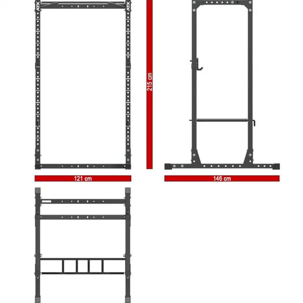 Diagram of the ATX® Power Rack 620 215cm in black, showcasing labeled dimensions: height 213.5 cm, width 121 cm, and depth 146 cm. The sturdy rectangular frame includes multiple holes for adjustments.