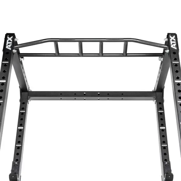 The ATX® Power Rack 620 215cm is a black metal rack with an attached pull-up bar offering multiple grip options. It features adjustable holes for various fitness equipment, and ATX branding is visible on both sides.