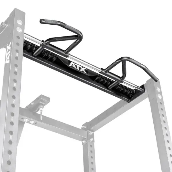 The ATX® 750 Indexing Chin Up is a gym pull-up bar with multiple grip positions, designed for attachment to a power rack. It features sturdy metal construction and stands out against a white background.