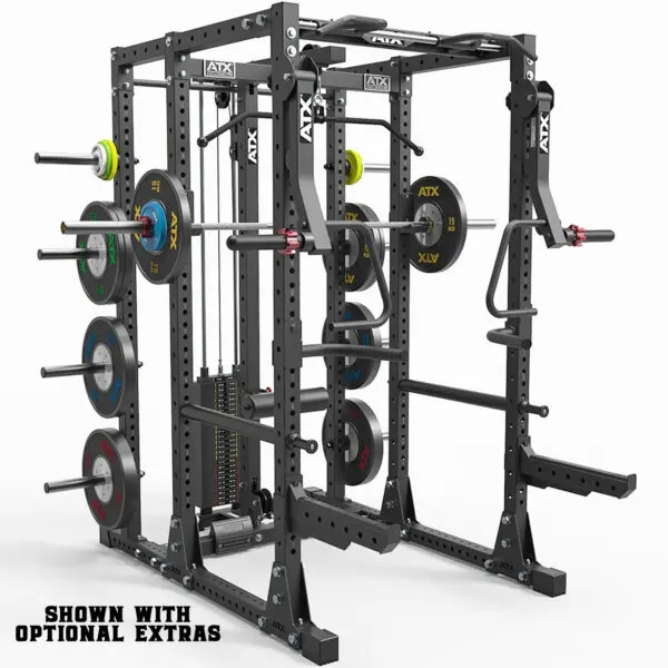 The ATX® Commercial Power Rack 750 is a black and metallic gym station that includes weight plates, pulleys, bars, and offers multiple exercise options. Note: Shown with optional extras.