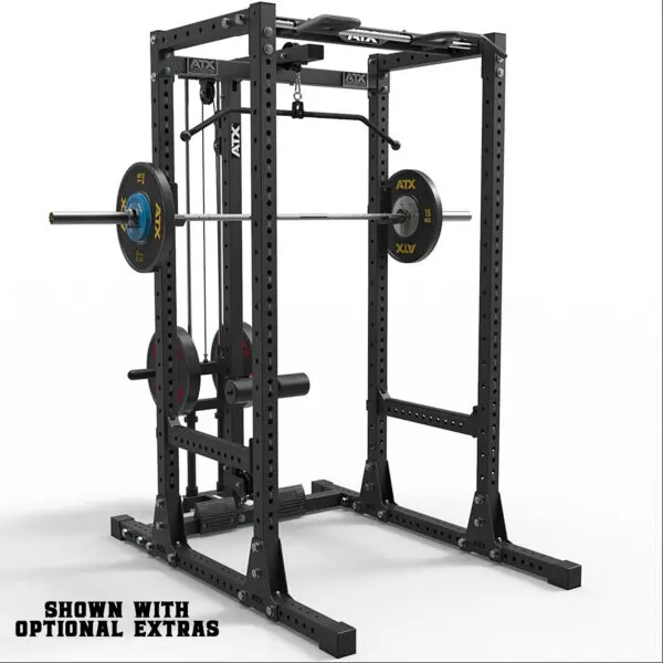 The ATX® Commercial Power Rack 750 in black metal includes a barbell, weight plates, pull-up bar, and various attachments. Text at the bottom reads, Shown with optional extras.