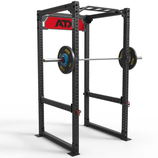 The ATX® Power Rack 840 is a black metal squat rack with a red ATX logo at the top. It holds a barbell with weights and has multiple adjustment holes for versatile use.