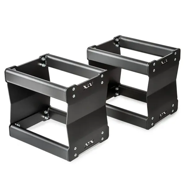A pair of heavy-duty, stackable black steel stands for dumbbells or gym gear, featuring a robust frame with XLV and ATX logos on the sides. Product Name: ATX® 3 in 1 Pulling Blocks DISCONTINUED.
