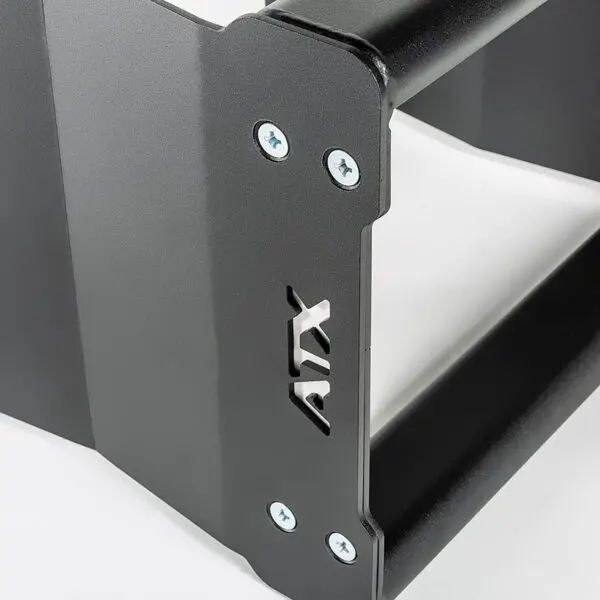 Close-up of a black ATX® 3 in 1 Pulling Blocks bracket, discontinued model, featuring visible screws and a cutout logo similar to KLW. The surface has a matte finish against a plain white background.