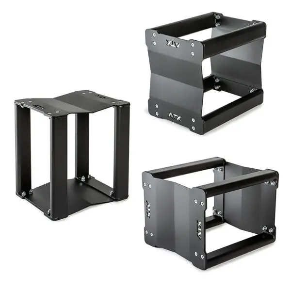 A trio of black ATX® 3 in 1 Pulling Blocks, now discontinued, feature a rectangular open-frame design and are displayed at various angles on a white background.