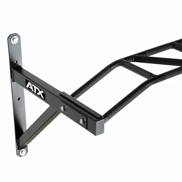 The ATX® Gladiator Chin Up Bar is a wall-mounted pull-up bar with a black metal frame and textured grip handles, secured with screws, featuring the ATX logo on the side.