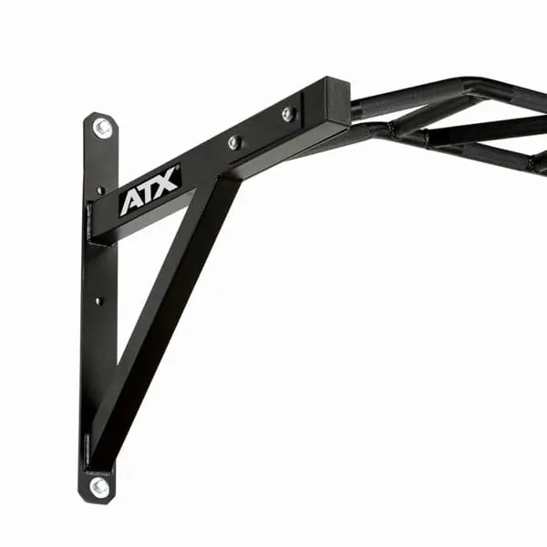 The ATX® Gladiator Chin Up Bar is a wall-mounted black metal pull-up bar with a triangular support structure, featuring the ATX logo. It extends outward for exercise use and mounts with four bolts.