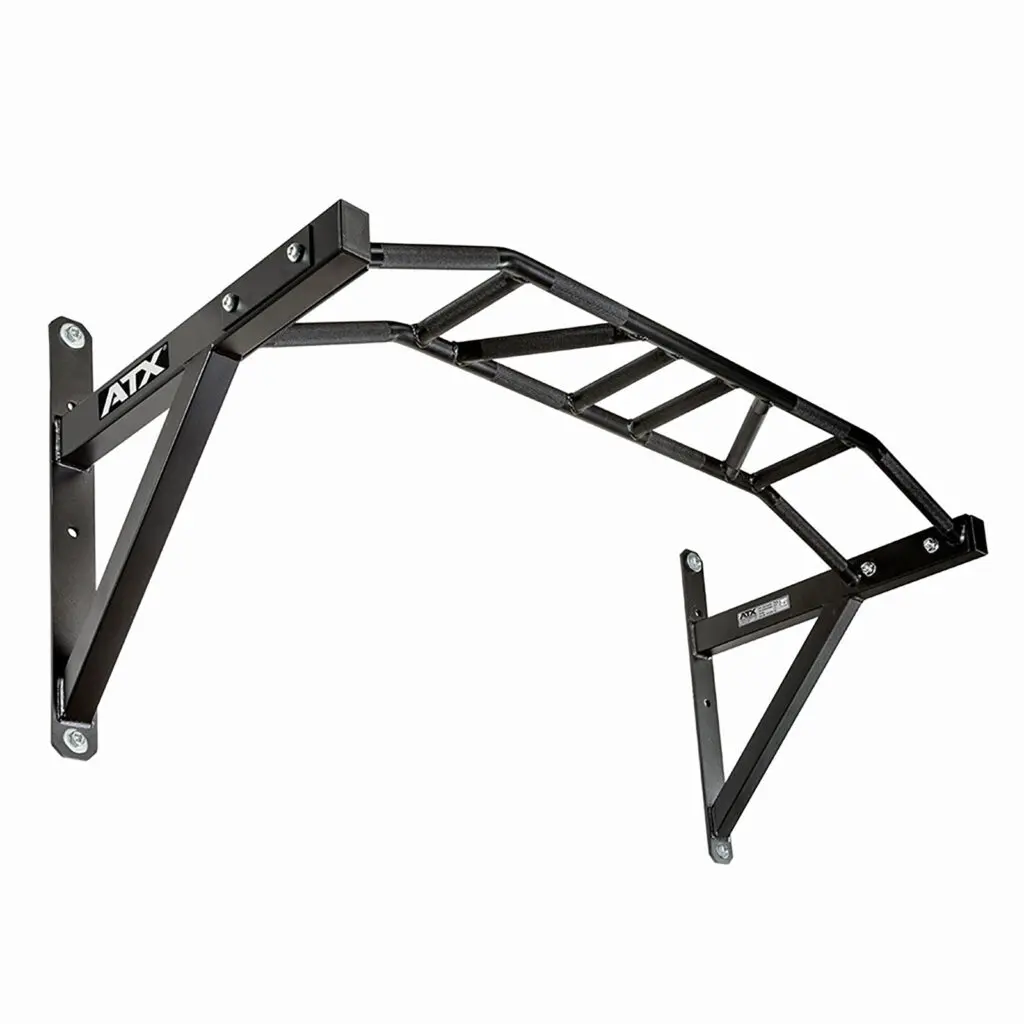 The ATX® Gladiator Chin Up Bar is a black metal pull-up bar with an angled design, mounted on two wall brackets. It offers multiple grip options.