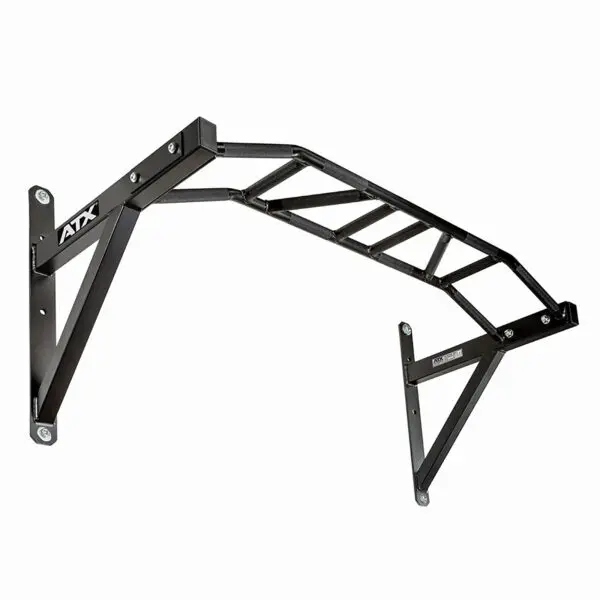 The ATX® Gladiator Chin Up Bar is a black metal pull-up bar with an angled design, mounted on two wall brackets. It offers multiple grip options.