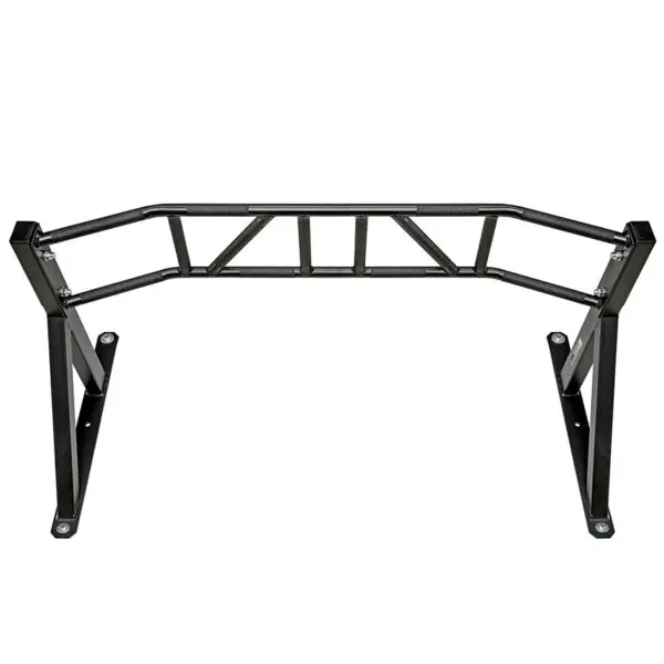 The ATX® Gladiator Chin Up Bar is a black steel pull-up bar with angled grip handles and a triangular support frame, allowing for various grip positions. Its sturdy structure is designed for wall mounting in a home gym or fitness setting.