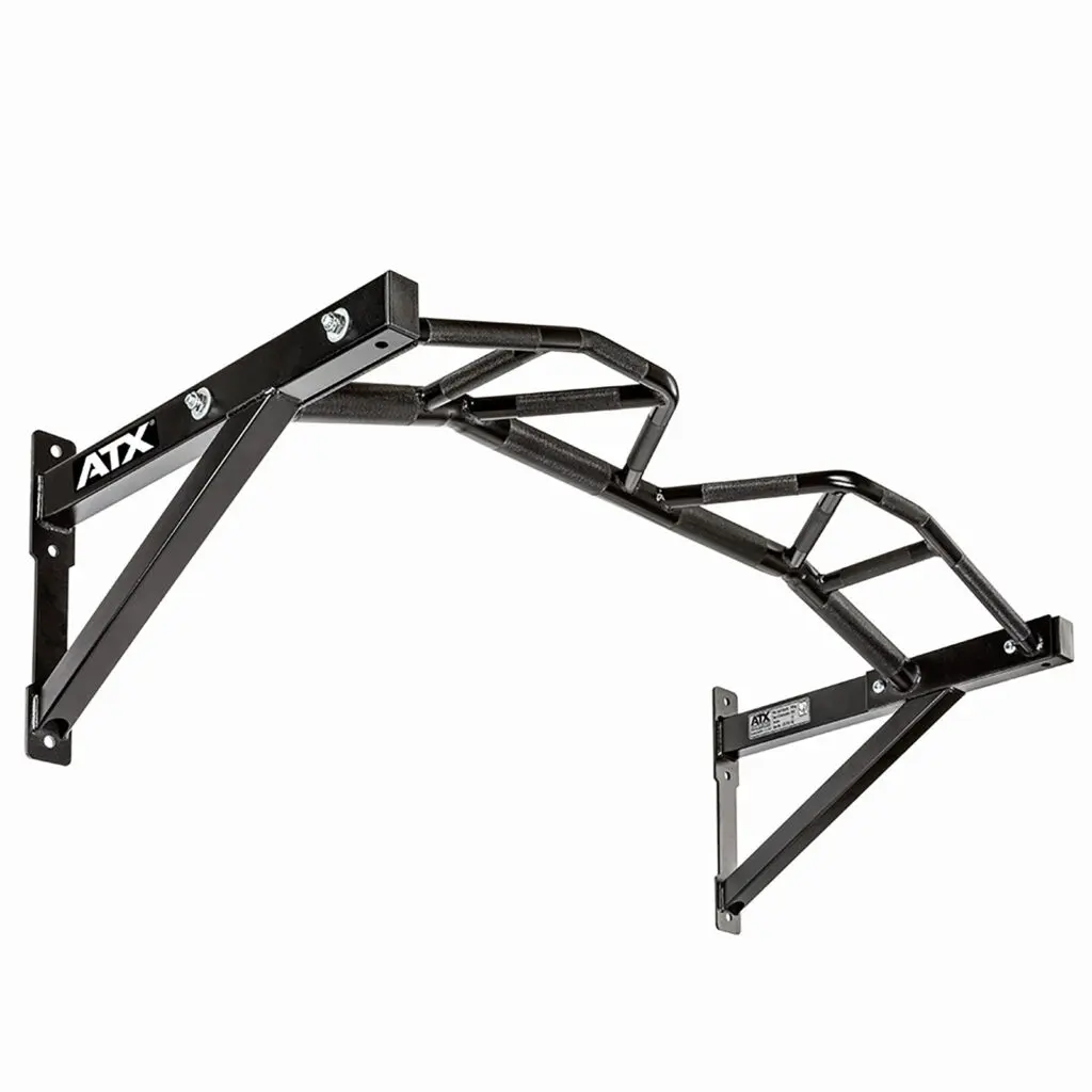 Black metal pull-up bar with multiple angled grips and mounting brackets, designed for wall installation. The brand ATX is visible on one side. Ideal for different grip positions—consult our Chin Up Buying Guide for expert tips.