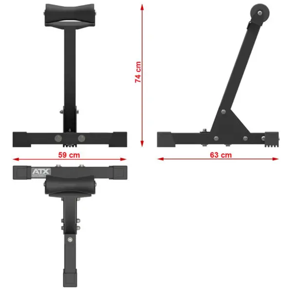 Diagram of the ATX® Landmine Barbell Stand, a black accessory with dimensions marked: front view width 59 cm, height 74 cm; side view width 63 cm. Features cushioned bar and metal frame for support.