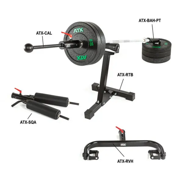 The ATX® Landmine Barbell Stand set includes a squat attachment (ATX-SQA) with cushioning, a T-bar row platform (ATX-RTB), a lever arm trainer (ATX-CAL), handled weight plates (ATX-BAH-PT), and an equipment rack (ATX-RVH).