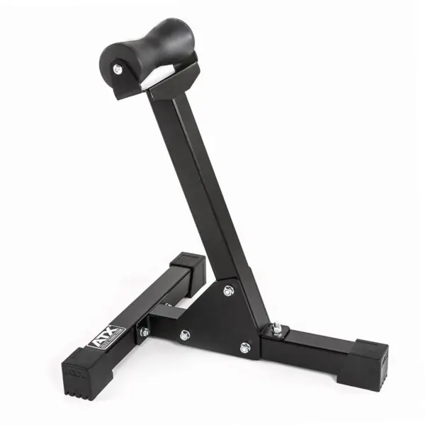 The ATX® Landmine Barbell Stand is a black, adjustable steel stand featuring padded neck support and a sturdy base, designed to securely hold your barbell in an upright position.