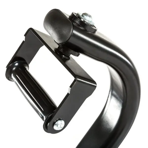 Close-up of the ATX® Revolving Handle Attachment in black metal, showcasing a rectangular grip, curved support arm with bolts, and a cylindrical pivot joint against a white background.
