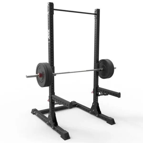 The ATX® Spotter Arms are shown on a black squat rack, featuring a barbell with weight plates against a white background. The sturdy frame has multiple adjustment holes, making it ideal for various height settings and strength training exercises.