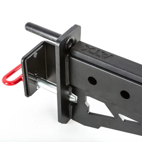 Close-up of ATX® Spotter Arms, featuring a black metal ATV hitch adapter with a red hook attachment. It includes multiple adjustment holes and a robust design for towing or securing equipment.