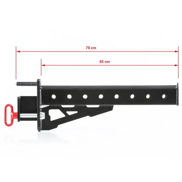 The ATX® Spotter Arms are a black hitch-mounted load extender with a red safety pin, measuring 76 cm overall, with adjustable holes and a 65 cm arm extension. Theyre ideal for supporting larger loads on vehicles.