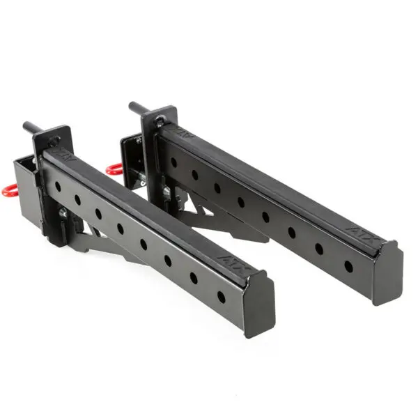 The ATX® Spotter Arms are black metal safety arms featuring multiple adjustment holes and red handles, designed for attachment to a weight rack or power cage. They are displayed on a white background.